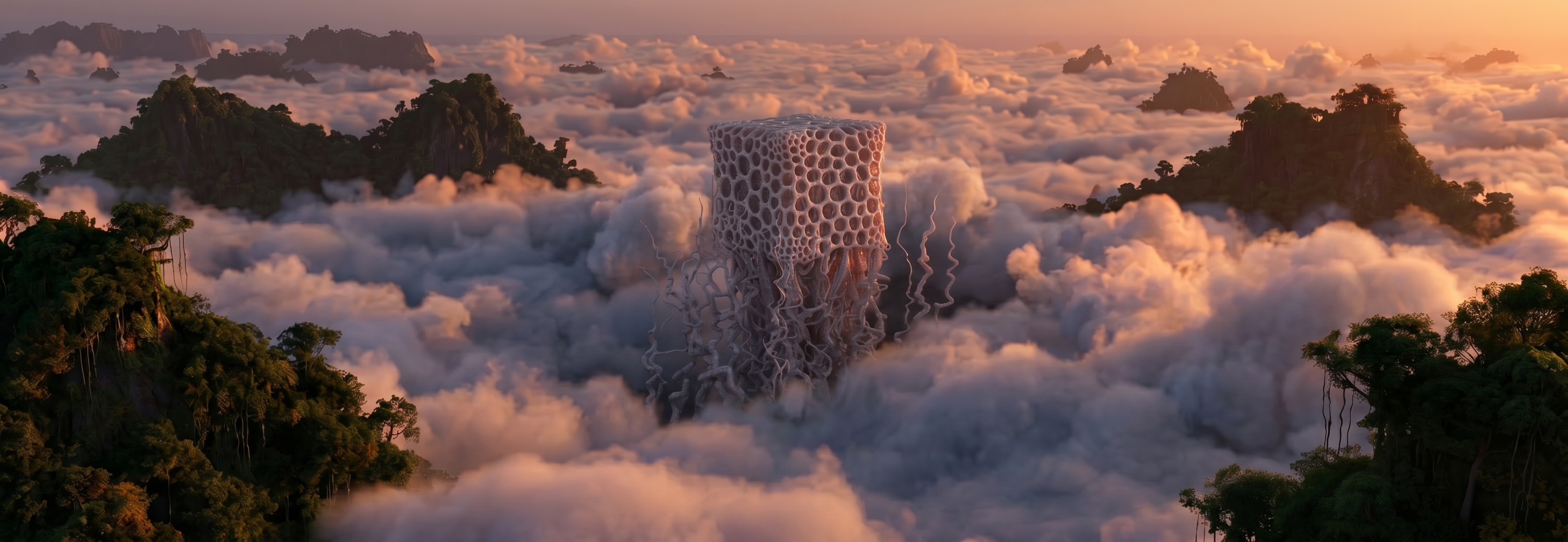 Phytoborg Clouds Hero - Aias Kokkalis - ThePlasticStudio A white, porous cube with spindly roots floats above a sea of clouds between lush, green mountain peaks